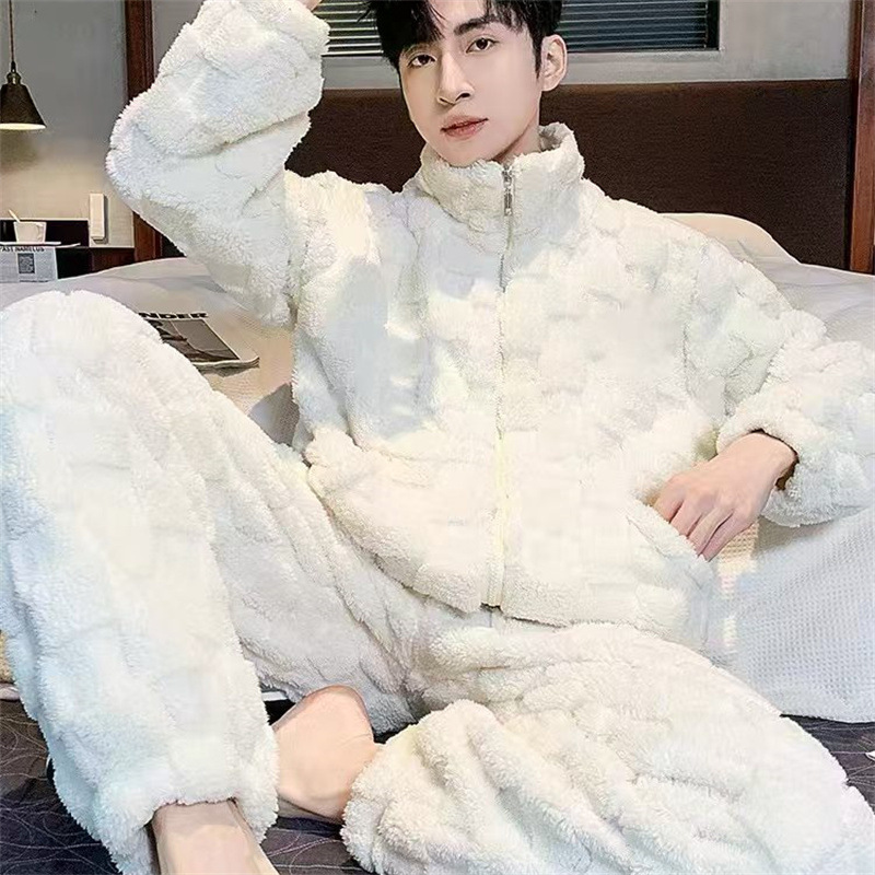 2025 otoño y invierno pijamas de coral para hombres jóvenes ociosos simple coreano traje de manga larga ropa para el hogar