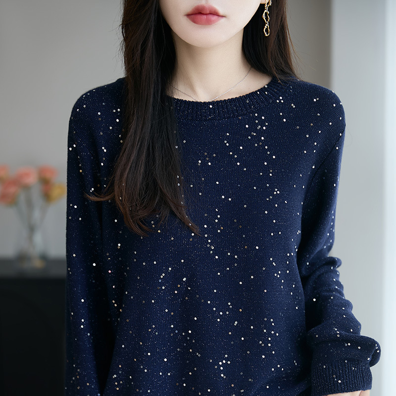Sequin Round Neck Worsted Wool Sweater for Women 2025 Autum New Lazy Style Loose Casual Pullover Bottoming Sweater