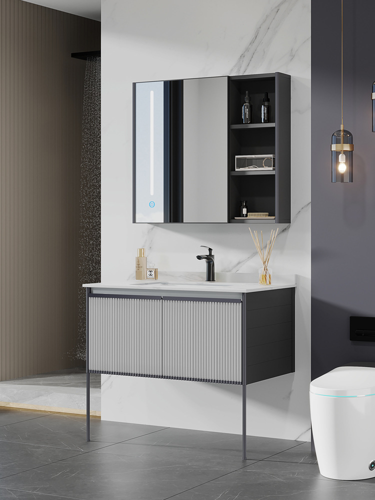 Gabinete de baño de lujo luz lavabo combinación baño integrado lavabo de cerámica mesa de lavado piscina iluminación inteligente espejo gabinete