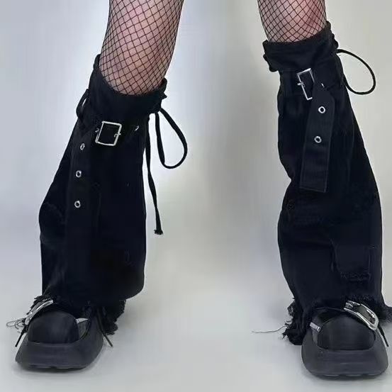 Autumn and Winter Y2K Sweet Cool Spice Girls Black Denim Leg Cover Slimming Drawstring Punk Cross Boot Cover Horn Socks Cover Autumn and Winter Y2K Sweet Cool Spice Girls Black Denim Leg Cover Slimming Drawstring Punk Cross Boot Cover Horn Socks Cover