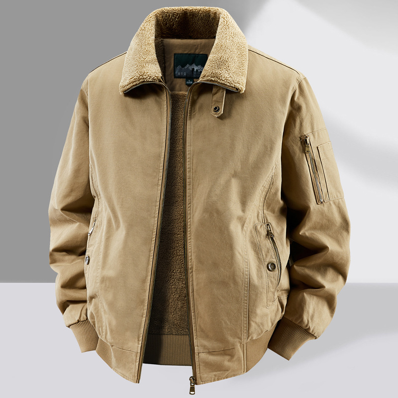 Chaqueta de piloto de la Fuerza Aérea de alta gama para hombres con terciopelo engrosado en invierno y algodón suelto para hombres con solapa de algodón de mediana edad
