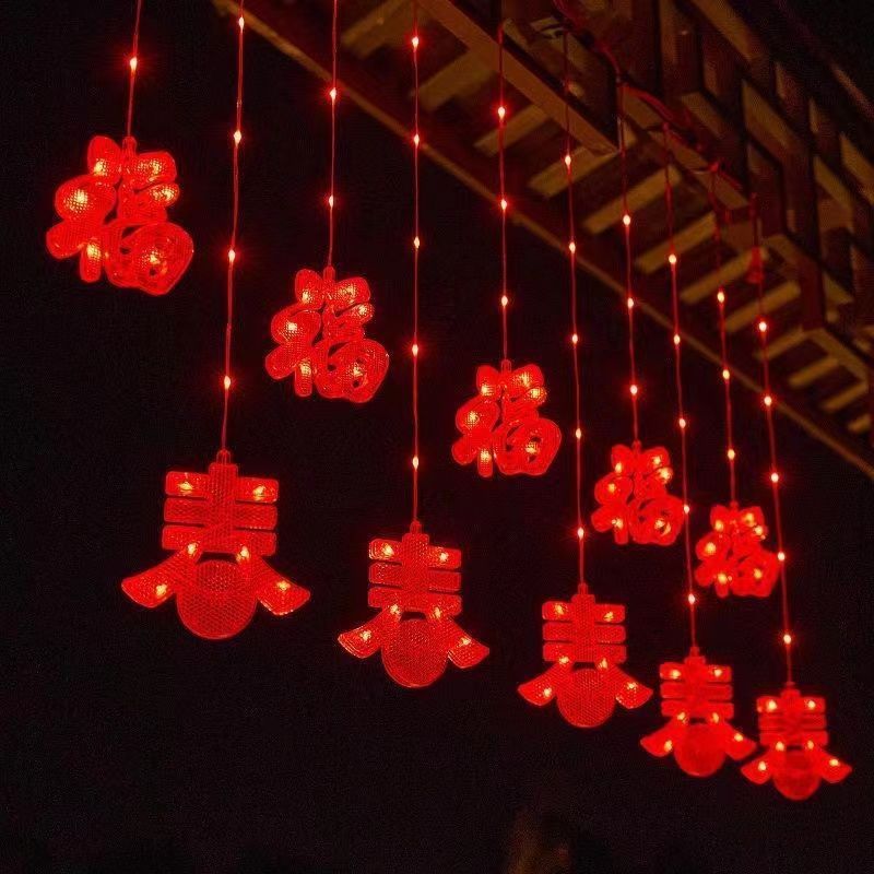 新年の装飾 LED カラフルなストリングライト祝福タッセル赤い提灯新年春祭り家の庭の装飾小さな提灯|undefined