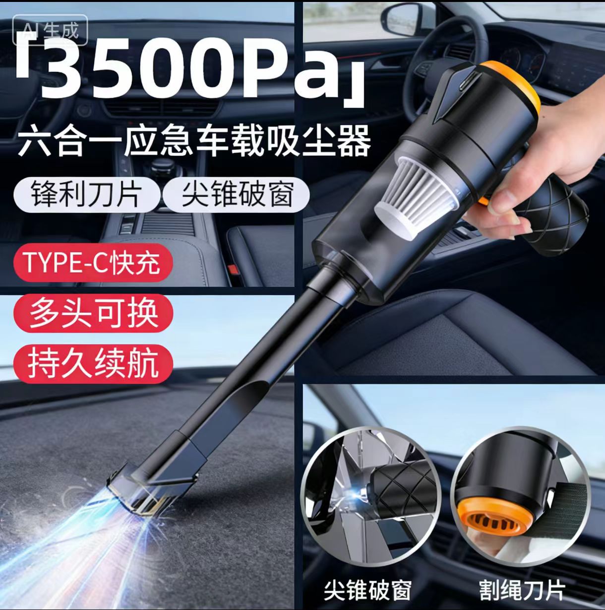 3500Pa Six-In-One Emergency Car Vacuum Cleaner with Window-Breaking and Rope-Cutting Functions, Typec Fast Charging, Multi-Head Interchangeable Cleaning Tool