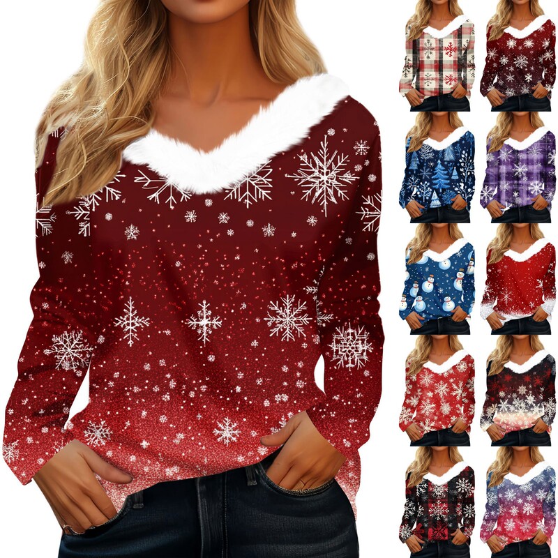 Women's Long Sleeve Christmas Printed Party Stuffed Collar V Neck Top