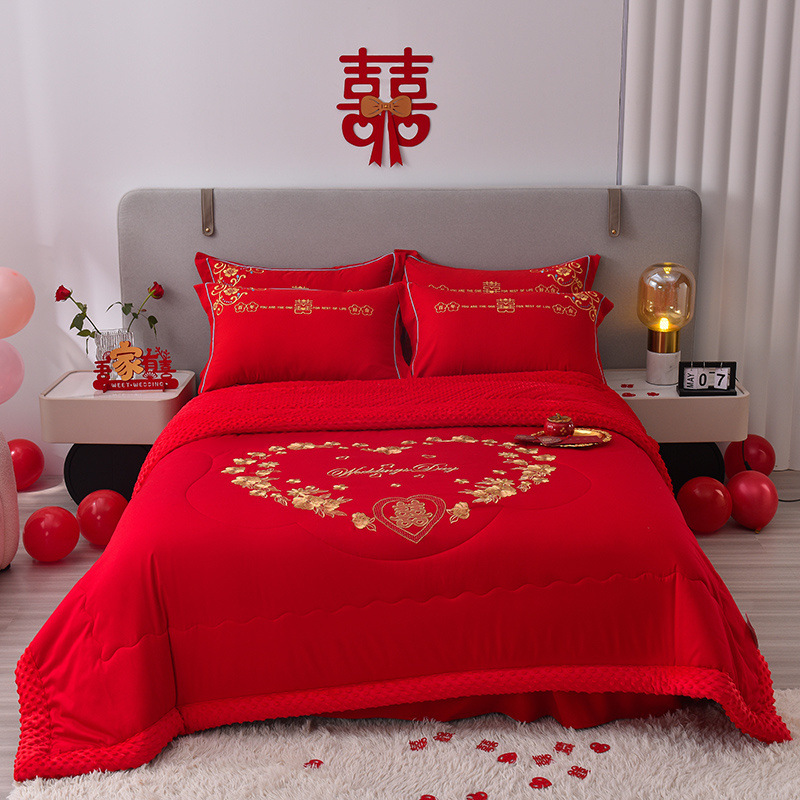 웨딩 빅 레드 웨딩 담요 DOUDOU 벨벳 양면 자수 담요 여름 에어컨 담요 축제 여름 기계 세탁기
