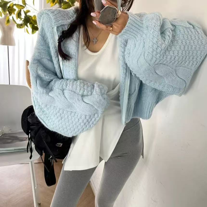 Otoño y invierno nuevo casualidad con capuzas con cremallera de manga larga camiseta de punto coreana para reducir la edad suéter corto de torsión suelta para mujeres image 1