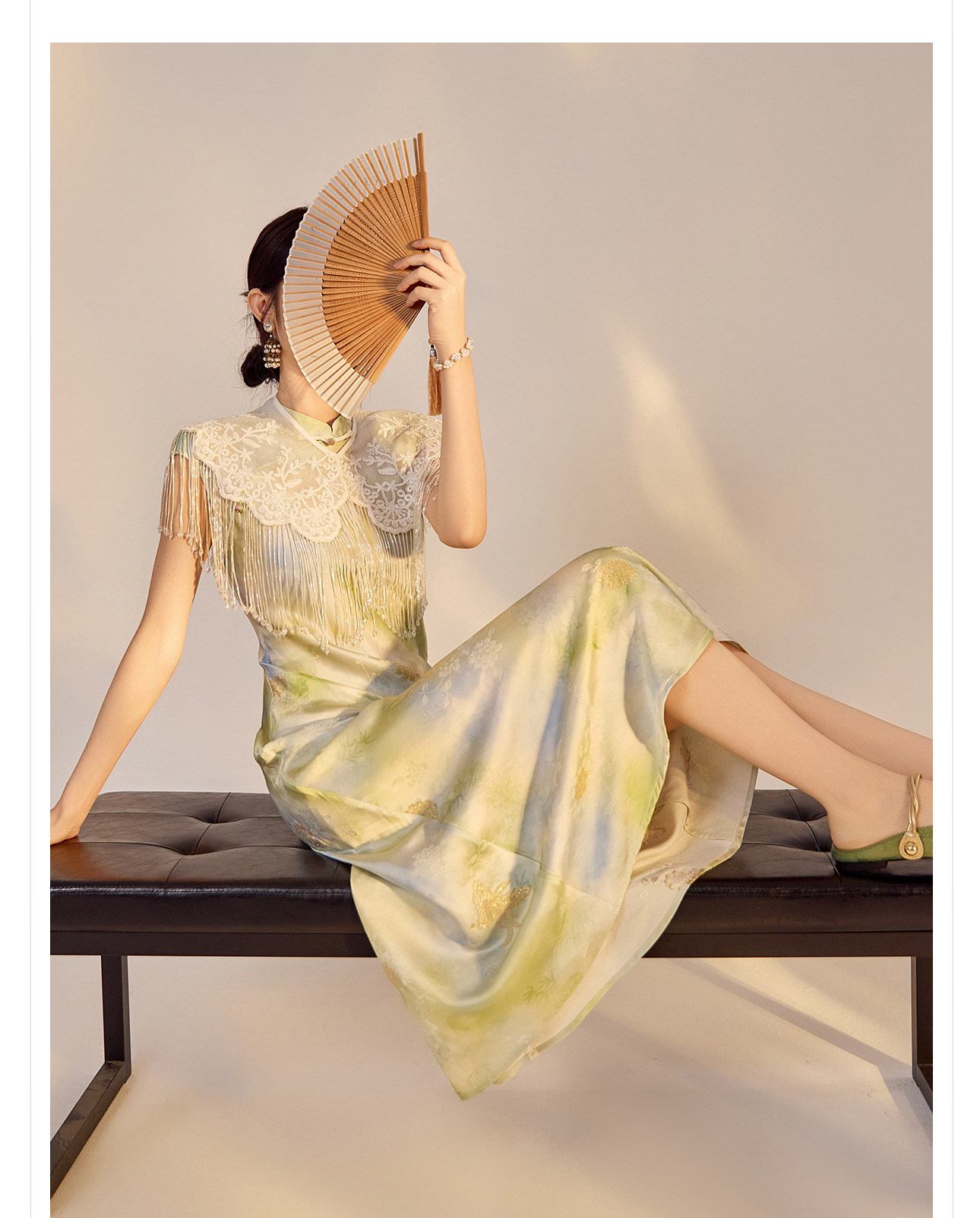 Váy Qipao cải tiến cao cấp phong cách Trung Quốc mới, in họa tiết tinh tế, cổ đứng ôm sát N5008 — Hiển thị màu xanh chi tiết 11
