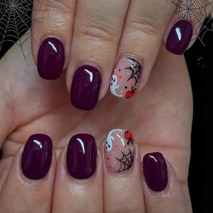 24 Pieces of Halloween New Purple Nails Orange Pumpkin Spider Web Cross-Border Small Square Fake Nails Wholesale