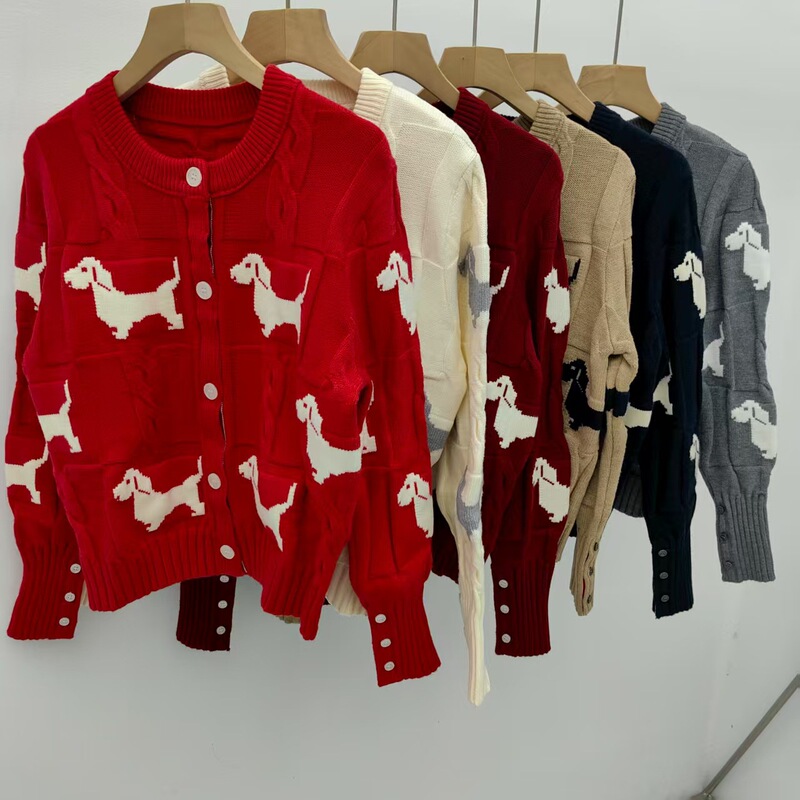 25 Autumn and Winter New Twist Tb Full Body Fashionable Puppy Jacquard Round Neck Preppy Style Knitted Cardigan Long Sleeves for Women