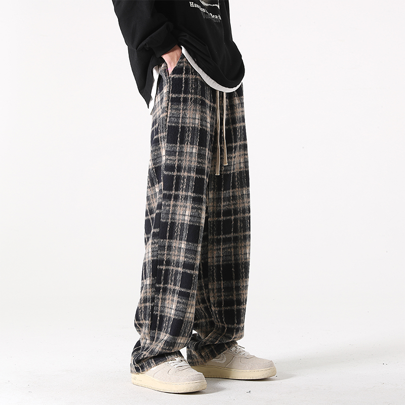 Lana a quadri per uomo in primavera e autunno, design di marca alla moda Ins, casual di nicchia, gamba larga dritta oversize_voghion.com