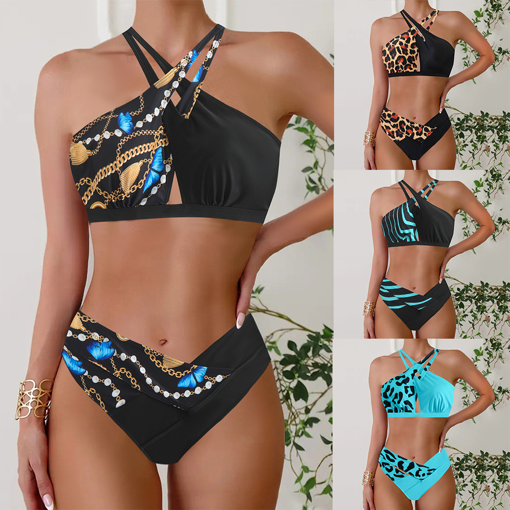2025 Swimwear New Cross-Border Amazon European and American Triangle Halter Cross Bikini Split Large Size Women's Swimsuit