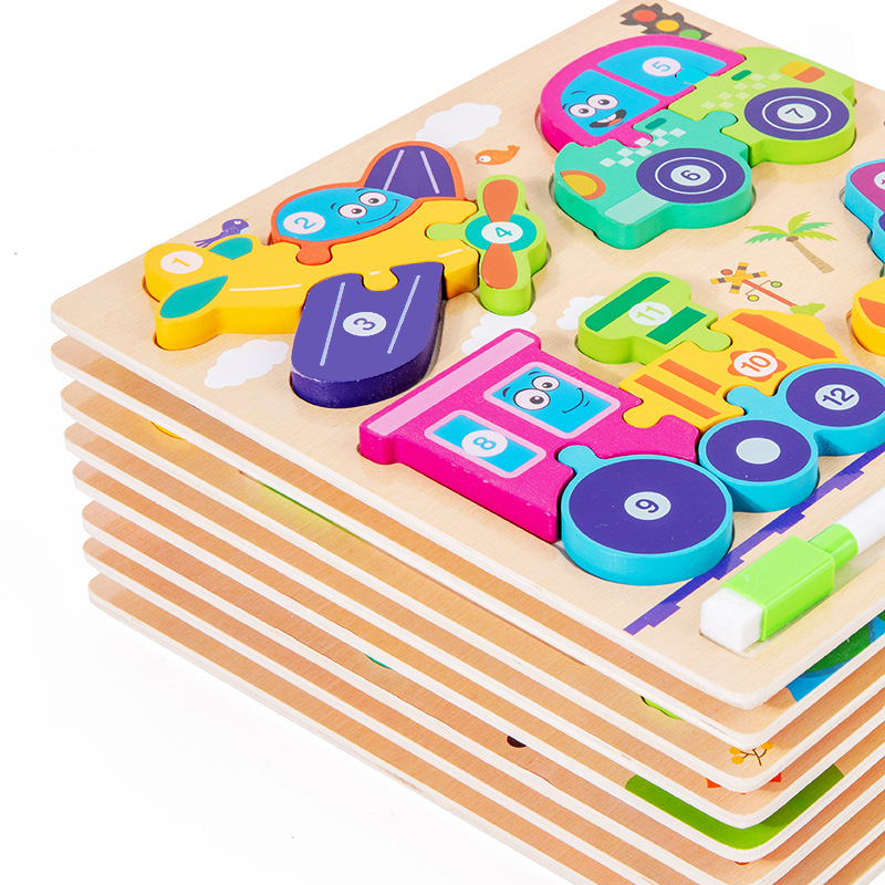 Tablero de rompecabezas de animales hecho a mano para bebés y niños, juguete de regalo de forma de rompecabezas cuatro en uno, madera de rompecabezas de educación temprana Montessori