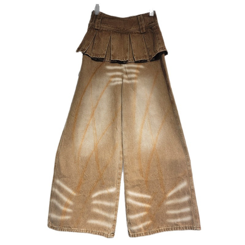 Vintage coreano hace jeans de color antiguo primavera y otoño para mujeres pantalones largos de piernas anchas pantalones falsos de dos piezas de pantalones delgados image 5