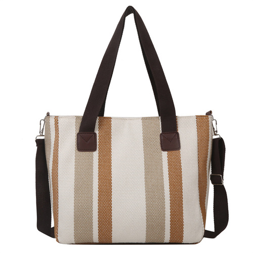 Trendy large-capacity striped canvas bag for women  new fashion commuter handheld tote bag single shoulder crossbody bag