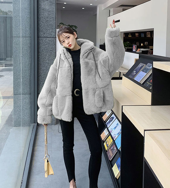 2022 Autumn and Winter New Imitation Fur Coat Women's Imitation Rex Rabbit Fur Hooded Plush Coat Loose Warm