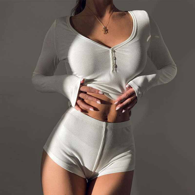 European And American Women's Sexy Low-Cut V-Neck Tight-Fitting Long-Sleeve Top Fashion Sports Style Ultra-Short Pants_ecoleips.com