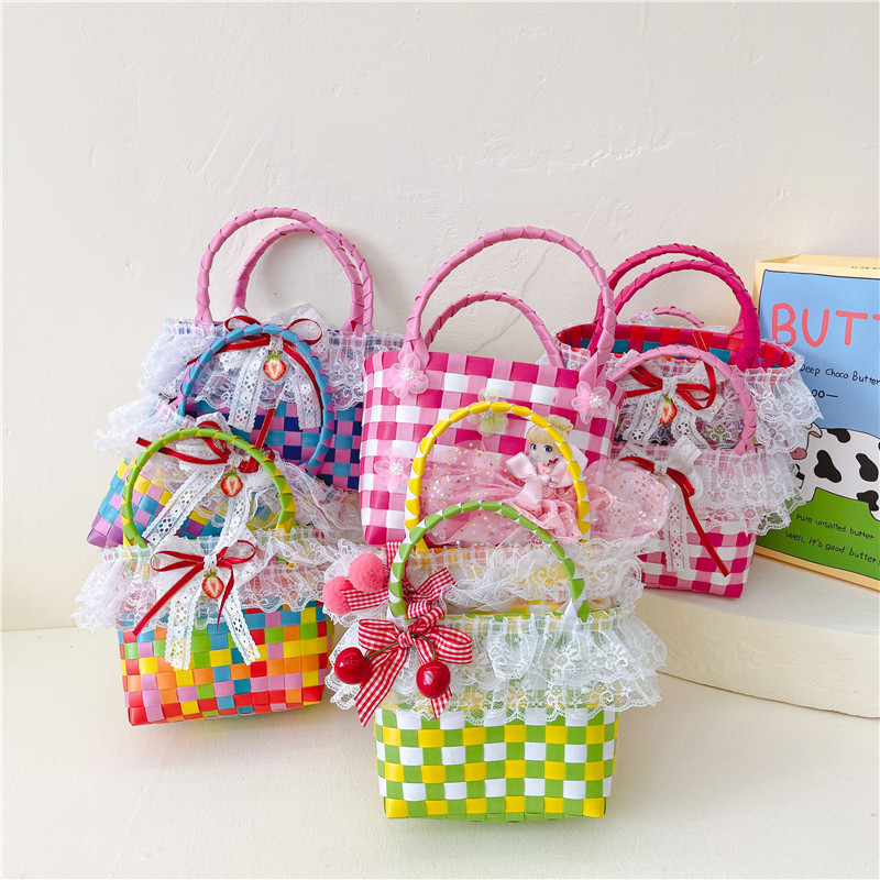 Al por mayor pastoral cesta de verduras niña los niños dibujos animados conejo fresco color tejido bolso la muchacha