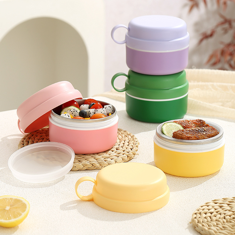 学生饭盒304不锈钢便当盒双层塑料饭盒学校饭盒圆形便当盒跨境