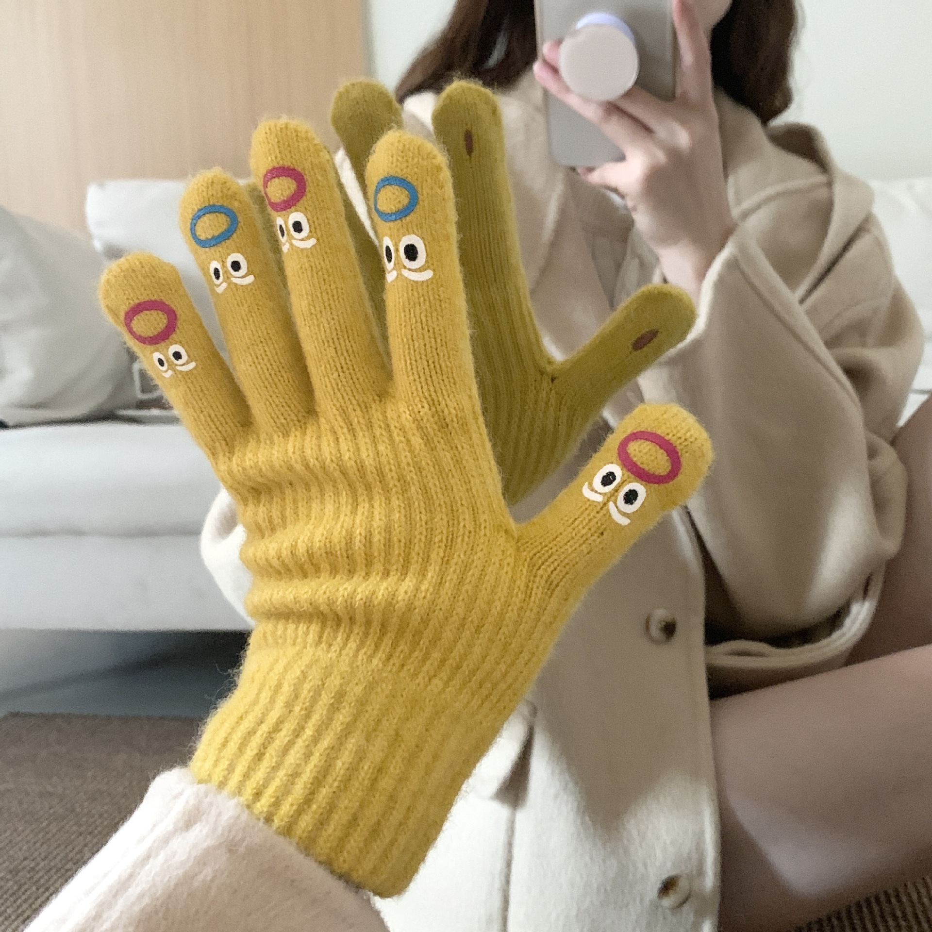 Expresión facial abierto dedo agujero guantes cinco dedos lindos guantes coreano grueso lana ciclismo cálido guantes de punto Otoño e Invierno