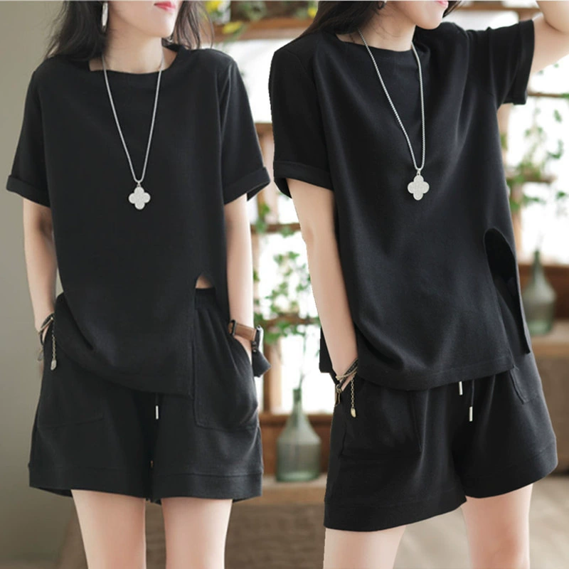 Трансграничные повседневные шорты свободная художественная винтажная футболка с короткими рукавами женская 2024 летняя мода новая женская одежда из двух частей