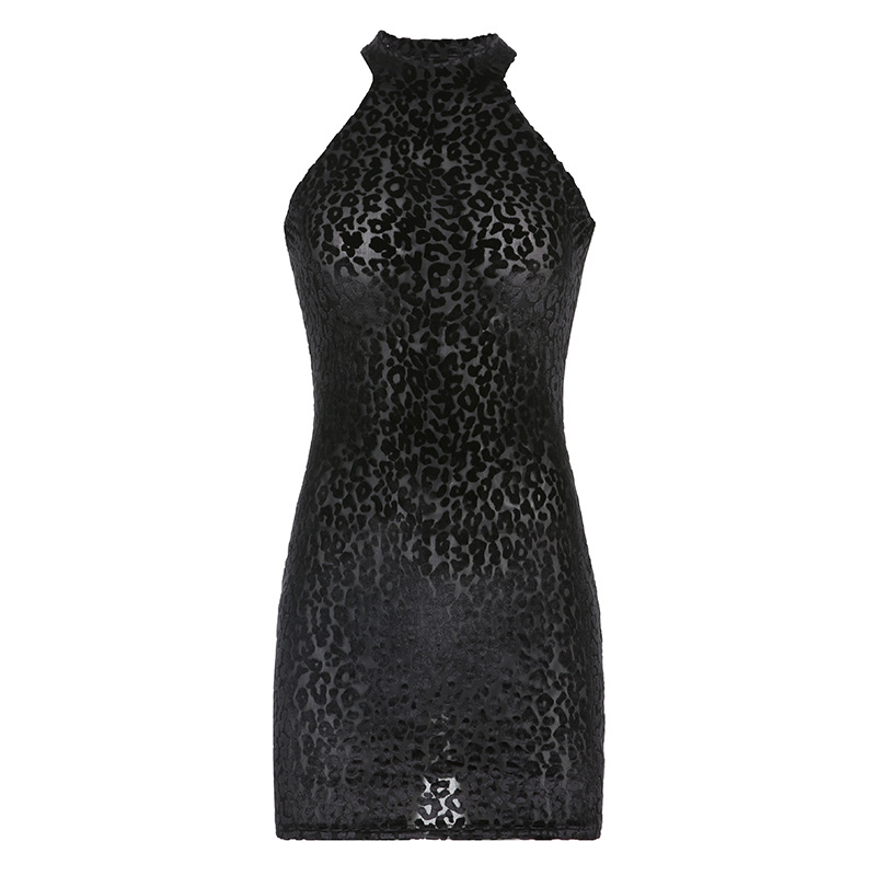 Vestido ajustado negro sin mangas con cuello redondo y estampado flocado NSKAJ103196