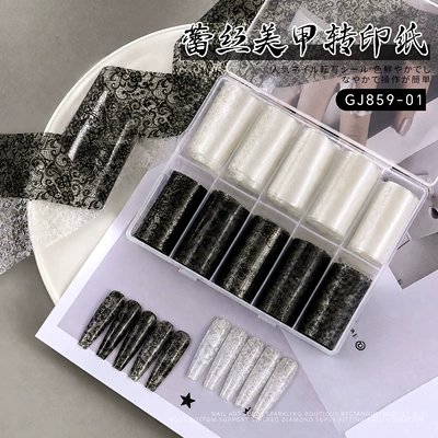 New Nail Art Lace Transfer Paper Decals, Trendy Black and White Solid Color Lace Edge Transfer Stickers, Ultra-Thin Nail Stickers (Dırnaq bəzəkləri) - 10-rolls-of-black-and-white-lace-transfer-paper