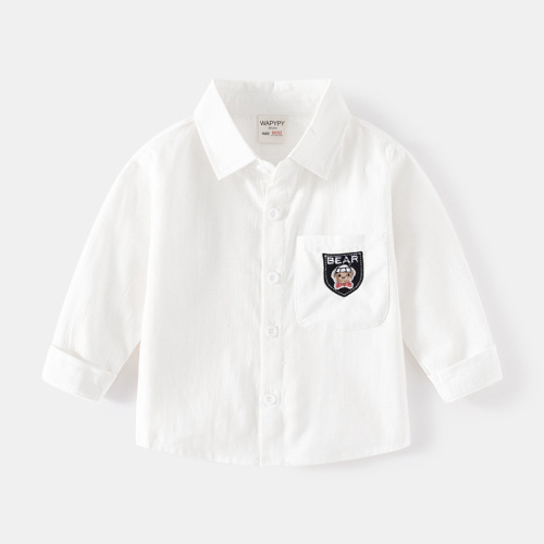 Children's Long Sleeve Shirt Wholesale  New Boys Casual Shirt Korean Style Baby Square Neck Embroidered Pocket Top