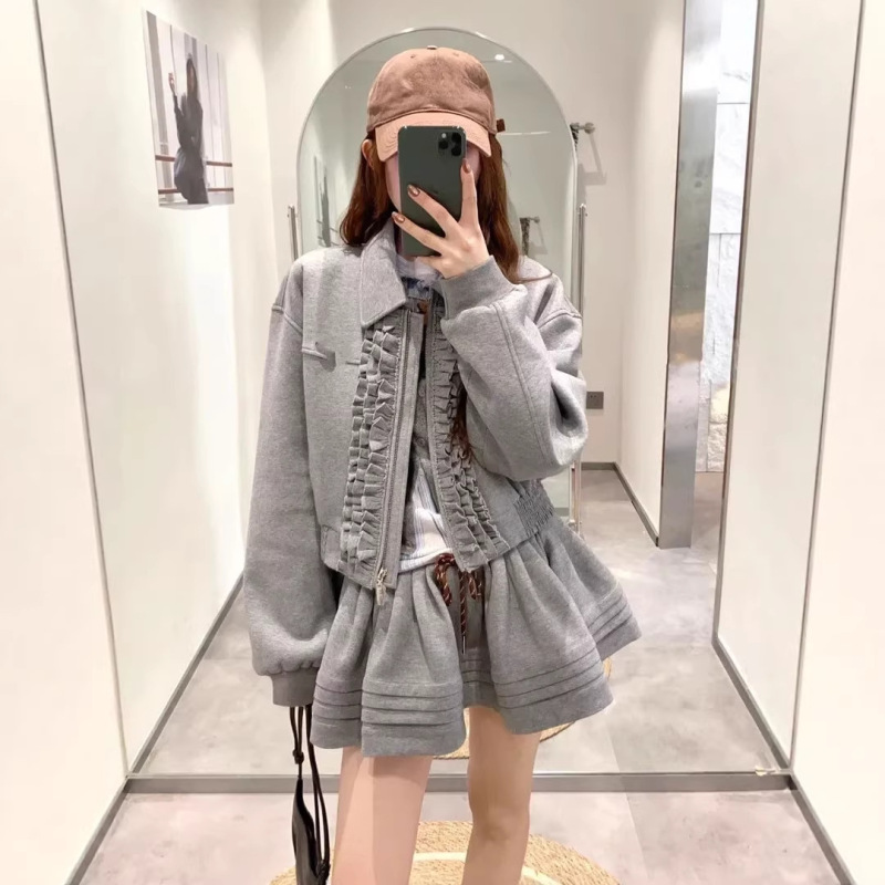 College Style Lapel Jacket, Long-Sleeved Top, Skirt Suit, Women's 2026 Spring New Style Ruffled Two-Piece Set