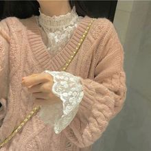 蕾丝打底衫女高领春秋新款毛衣内搭洋气网纱喇叭袖上衣长袖蕾丝衫