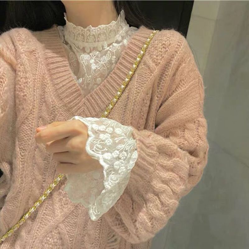 Lace Bottoming Shirt for Women, High Collar, Spring & Fall New Style Sweater with Stylish Mesh Bell Sleeve Top, Long-Sleeved Lace Shirt