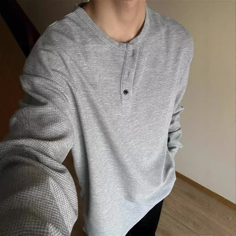 Gray Henry Collar Long-Sleeved T-Shirt for Men, Spring and Summer American-Style Waffle-Style Loose Casual Inner Layering Shirt