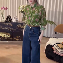 241196大爱美依缘2025秋冬新款翻领撞色花朵长袖衬衫高腰牛仔裤女