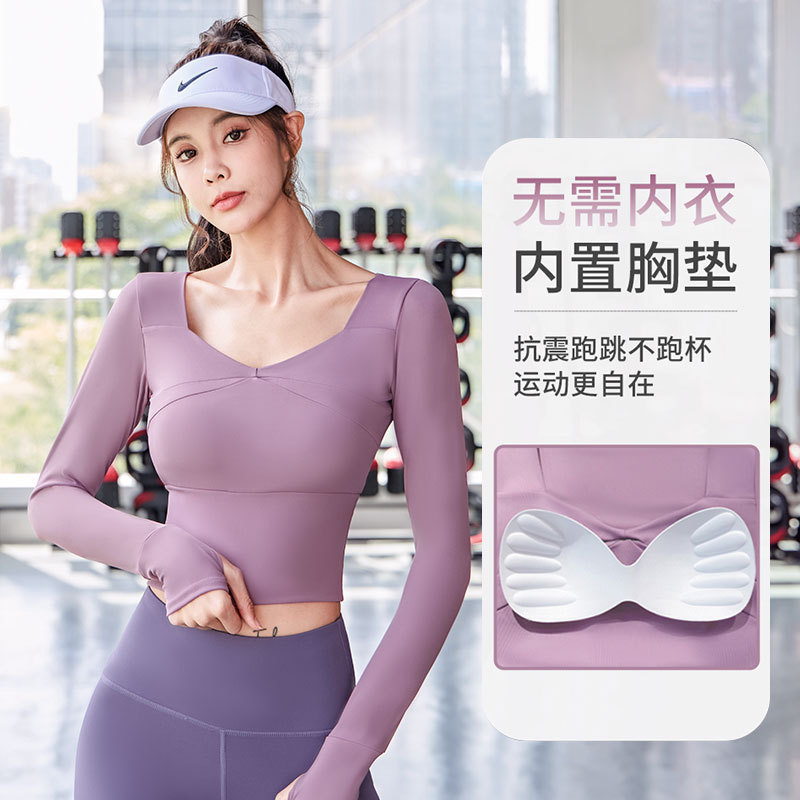 Yoga Clothing Women's Long-sleeved Sports Top Tight-fitting Short Exposed Umbilical Cord Chest Mat Cross T-shirt Running Fitness Clothing