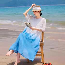 沙滩裙白色袍子苎麻连衣裙夏季渐变色度假旅行长裙拍照超仙女裙子