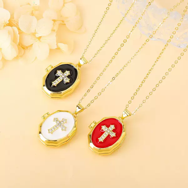 Amazon Cross-Border Best-Selling Vintage Oil-Drip Cross Photo Box with Openable Photo Holder Pendant Necklace Clavicle Chain