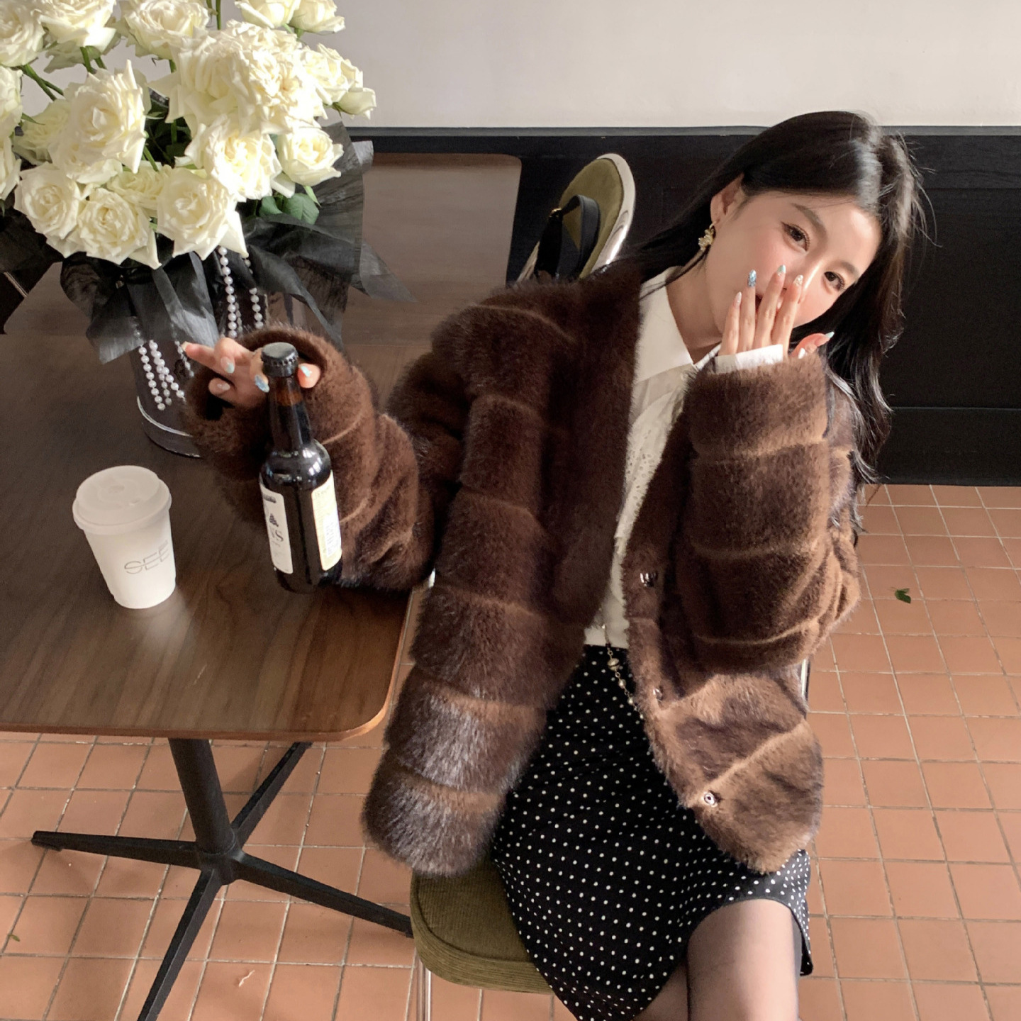 仿紫貂v领短款环保皮草外套女装海宁年轻显瘦高级貂皮大衣