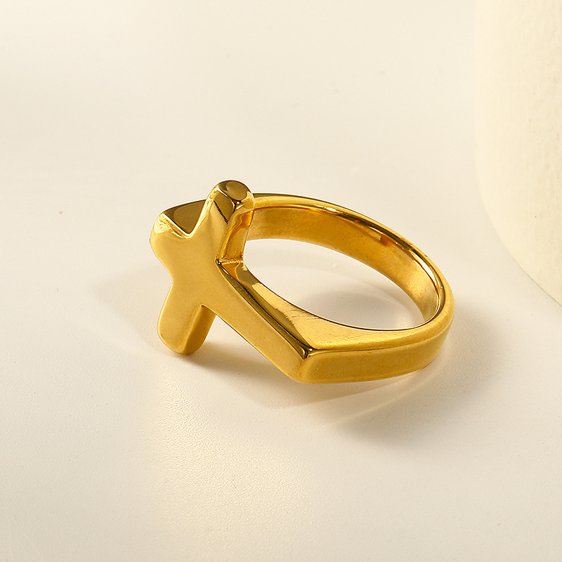 304 Stainless Steel Material Cross Pattern Real Gold Plated Cross 304 Stainless Steel Waterproof Non Tarnish Rings
