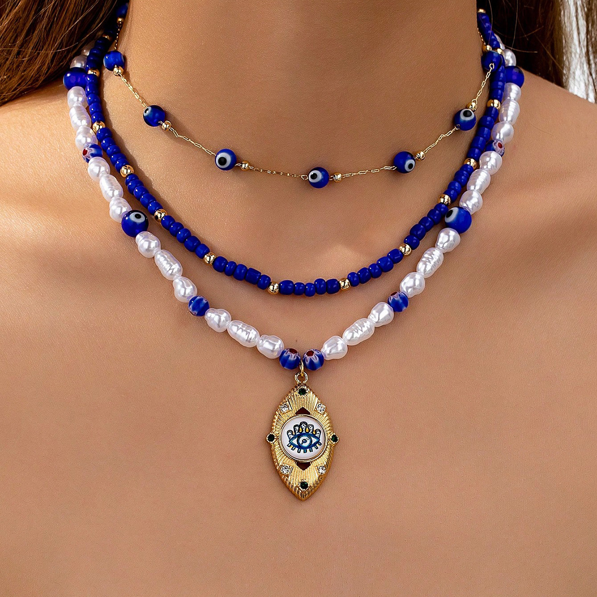 36g Weight Lobster Trigger Clasp Closure Clasp Closure Type Zinc Alloy Pendant Material Layered Necklaces Classification Beaded Chain Material IG Style Retro Geometric Devil's Eye Glass Zinc Alloy Beaded Chain Lobster Trigger Clasp Closure Beaded Necklaces Wholesale