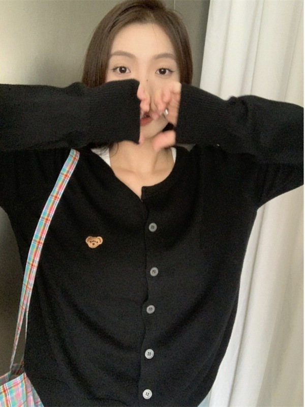 韩系软糯小熊刺绣长袖针织开衫2025早秋新款女装气质百搭毛衣外套|undefined