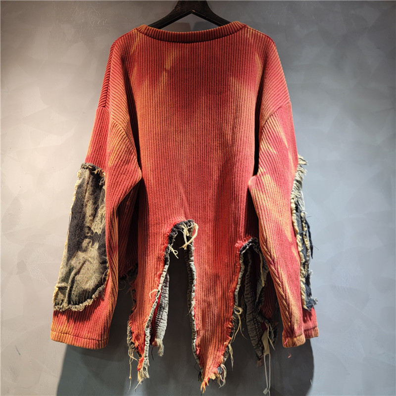 Personalidad de empalme irregular suéter retro hacer viejos atados teñidos de manga larga moda suéter de punto para mujeres otoño invierno