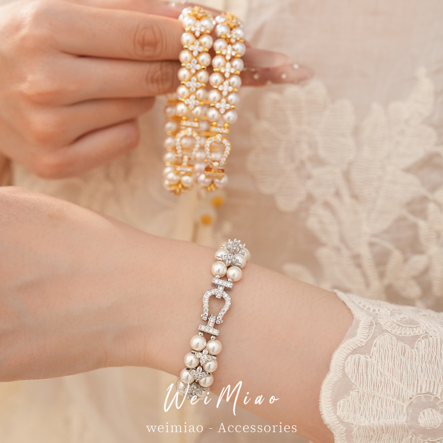 18 quilates de oro real, pulsera de perlas de diamante, pulsera ligera de lujo, pulsera de nicho, joyas de alta calidad para mujeres