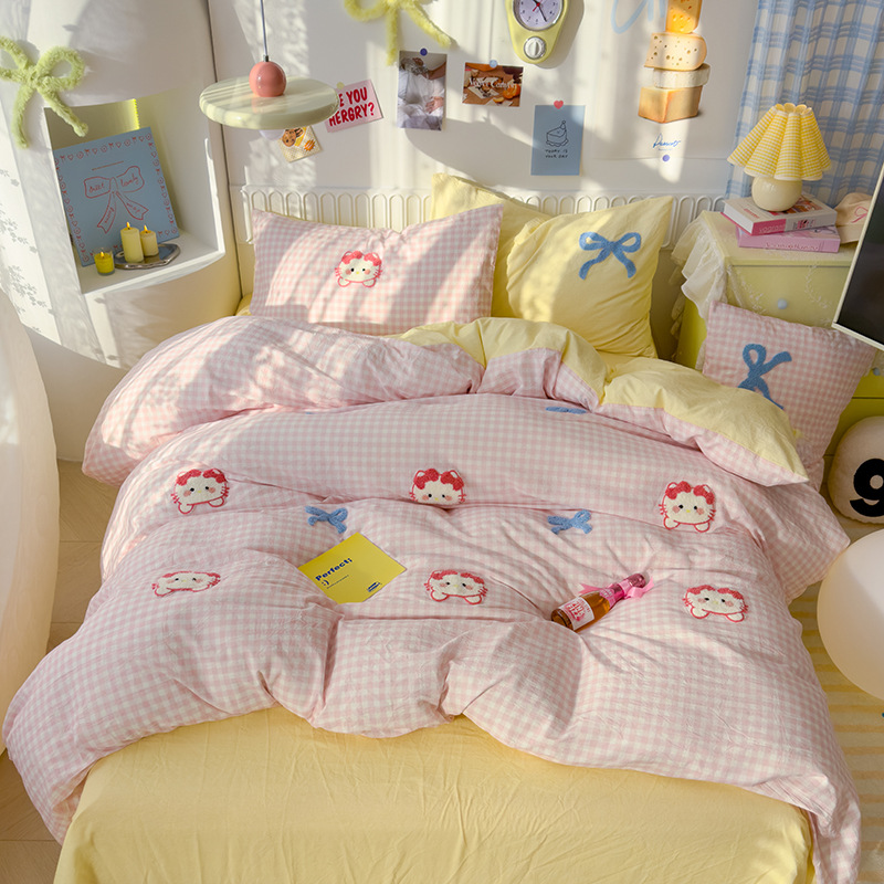 워시드 코튼 타월 자수 - 나비 고양이 - 핑크 그리드