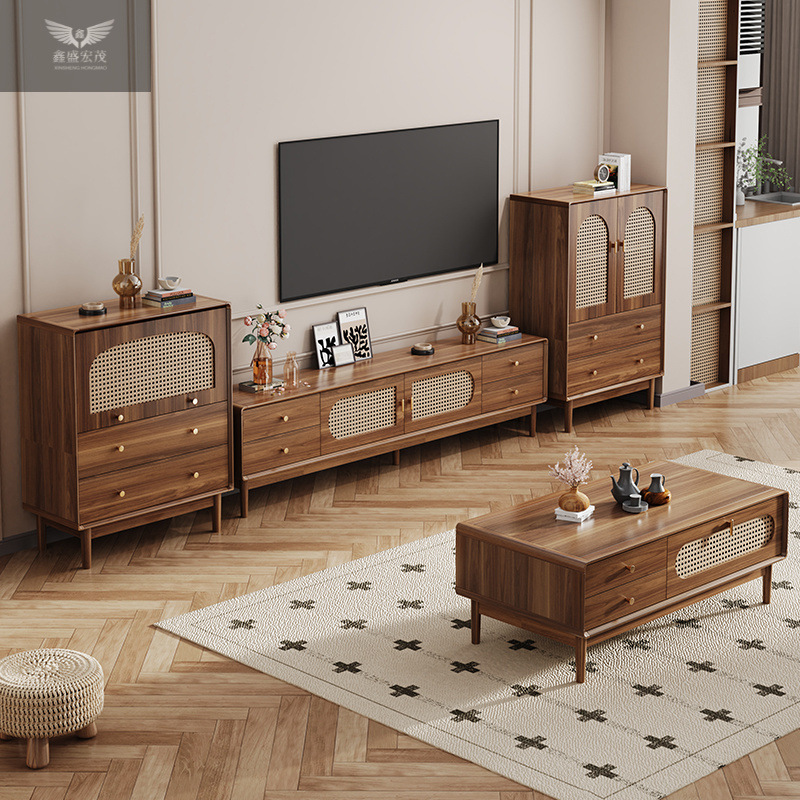 Mueble de TV de ratán simple retro de madera maciza, marco de apartamento pequeño nórdico chino, sala de estar, mesa de centro para el hogar, juego de mueble de TV