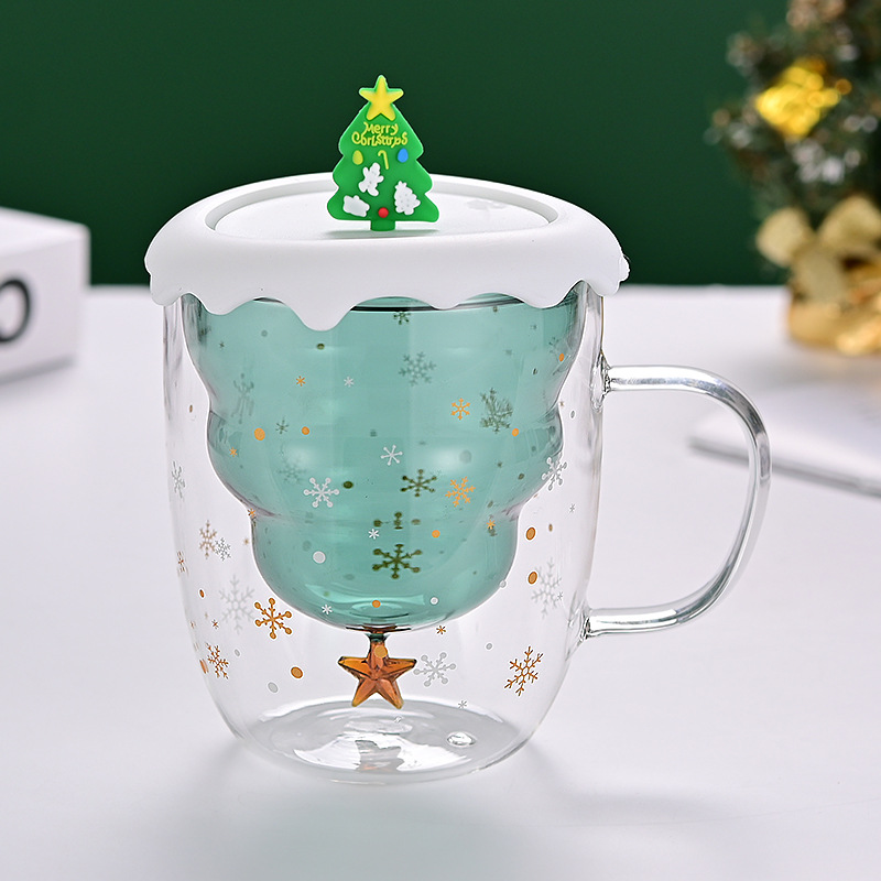 Nueva fábrica de vidrio de Navidad al por mayor de vidrio aislante de doble capa con tapa de vidrio de café rojo neto de alta apariencia