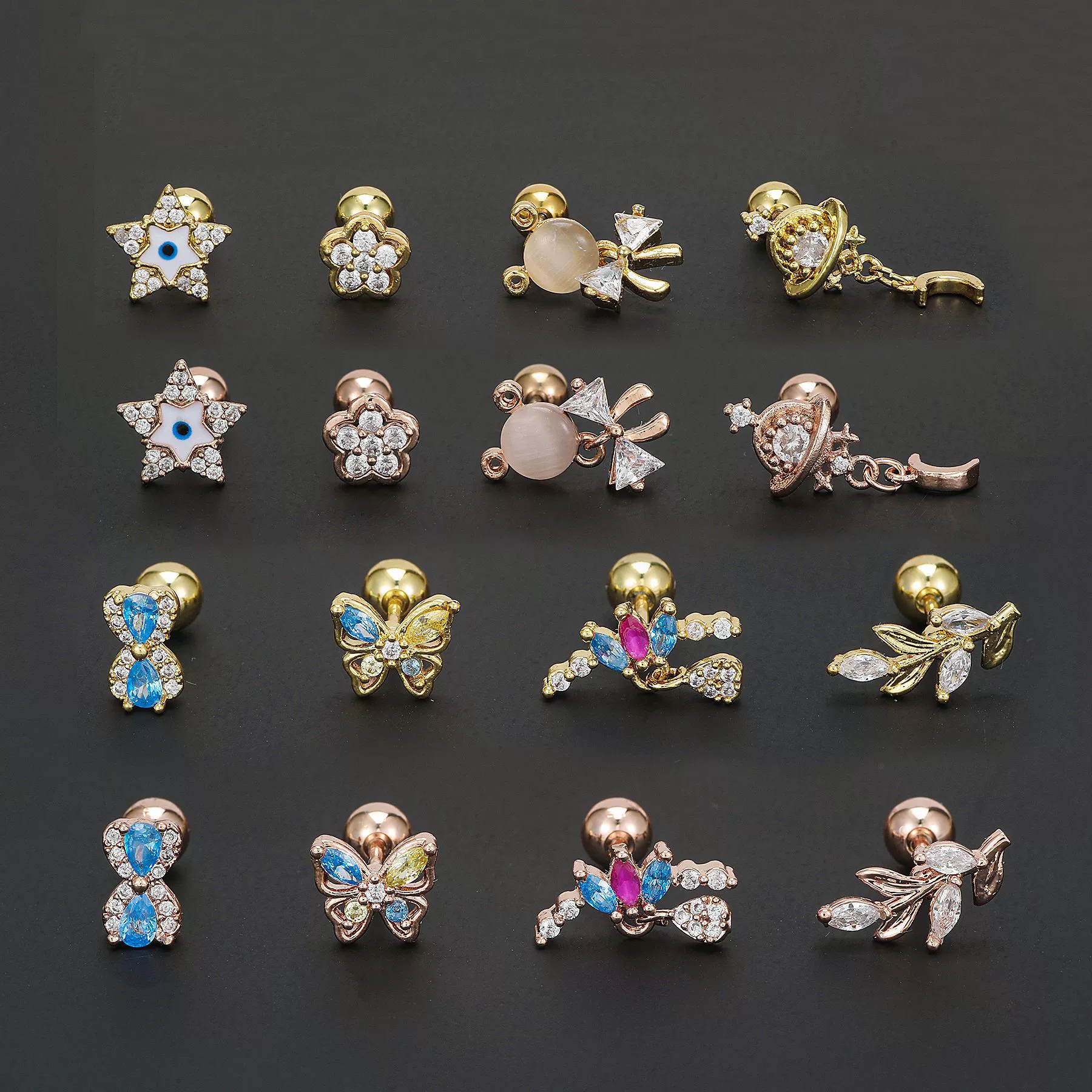 Zirconium, creative cute earrings, piercing with bow stainless steel, (Cross-border trading), micro incrustation