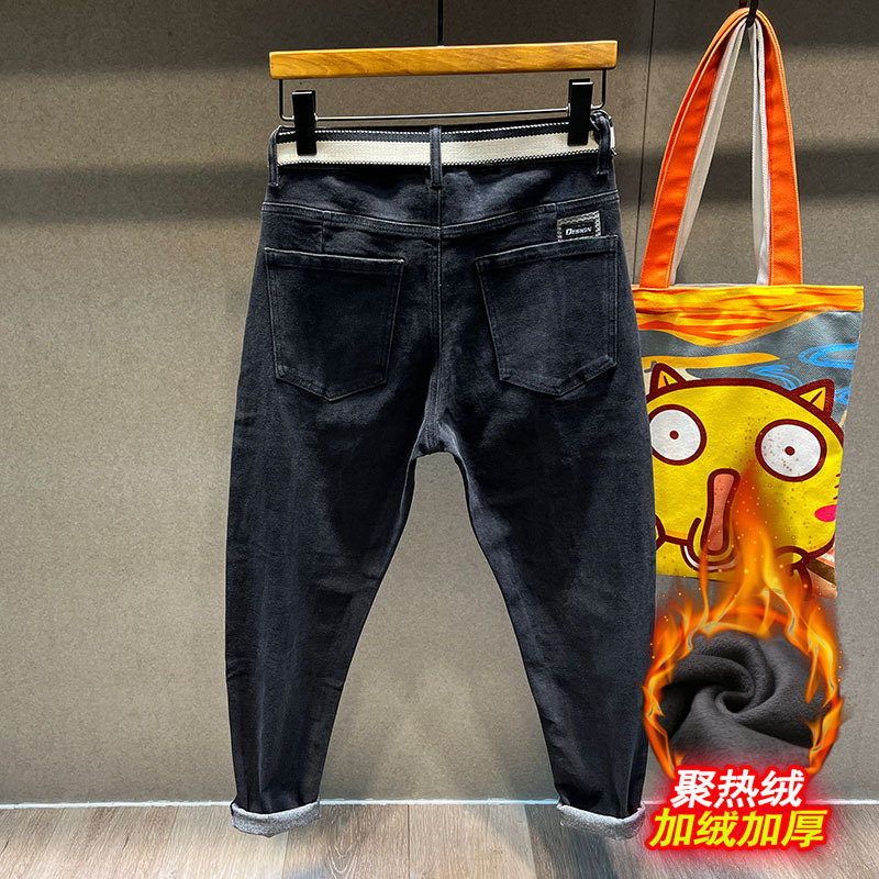 2024 New fleece-lined Thickened Stretch Retro Black Jeans Men's Slim-fit Skinny Martin Boots Pants Collocation