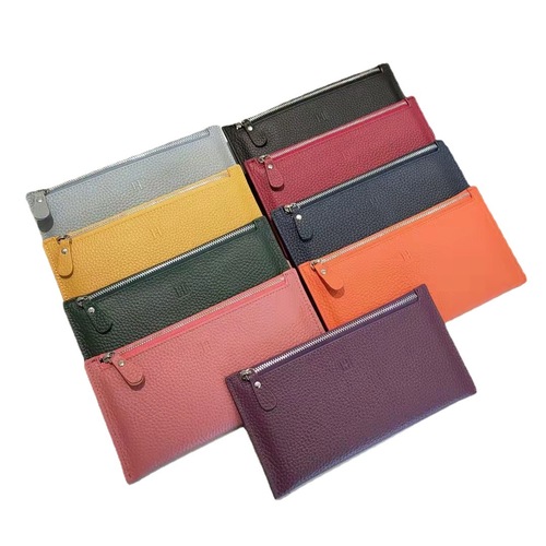 Cowhide wallet with H-shaped embossed print for women, new style zipper long wallet, casual pebbled pattern wallet