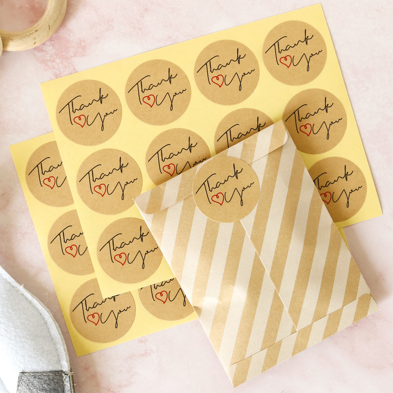 牛皮纸Thank you贴纸Madewith爱心感谢封口贴DIY礼品装饰贴纸12枚