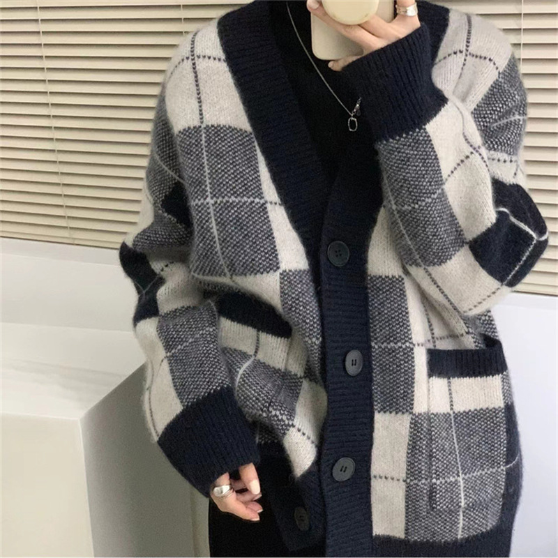 Korean Style Plaid Mohair Knitted Sweater - Detail View 2
