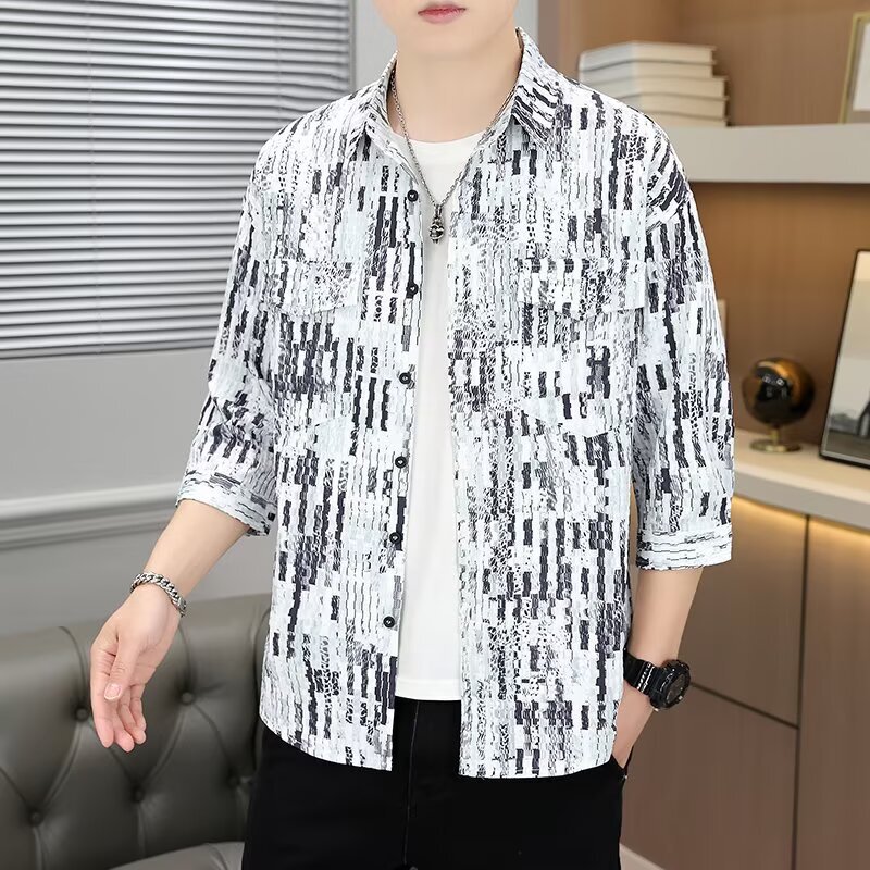 Three-Quarter Sleeve Shirt Men's Ethnic Style Short-Sleeved Tie-Dye Lapel Cardigan Design Large Size Loose Casual Handsome Shirt